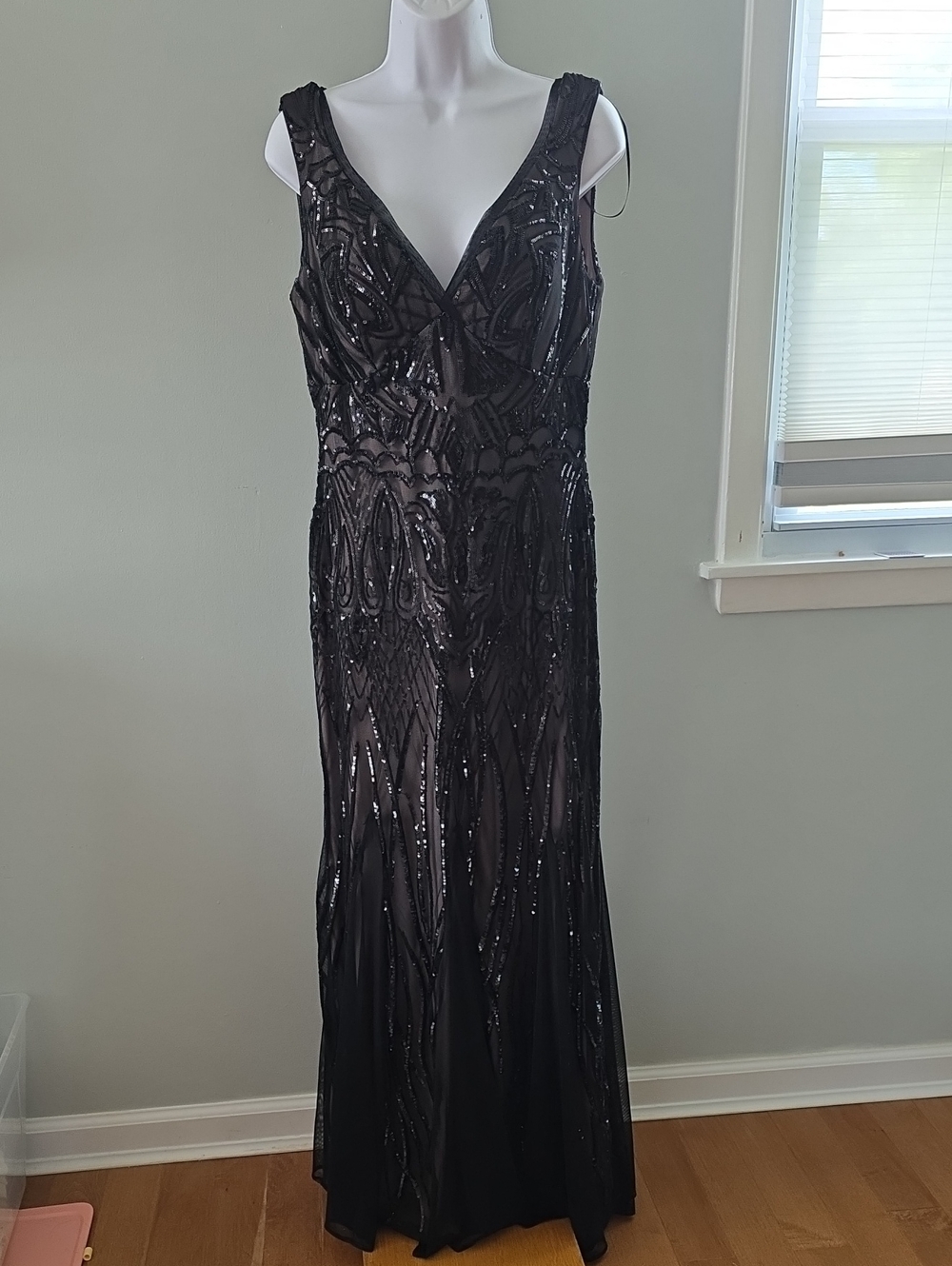 R&M Richards Black Beaded V-Neck Maxi Gown
